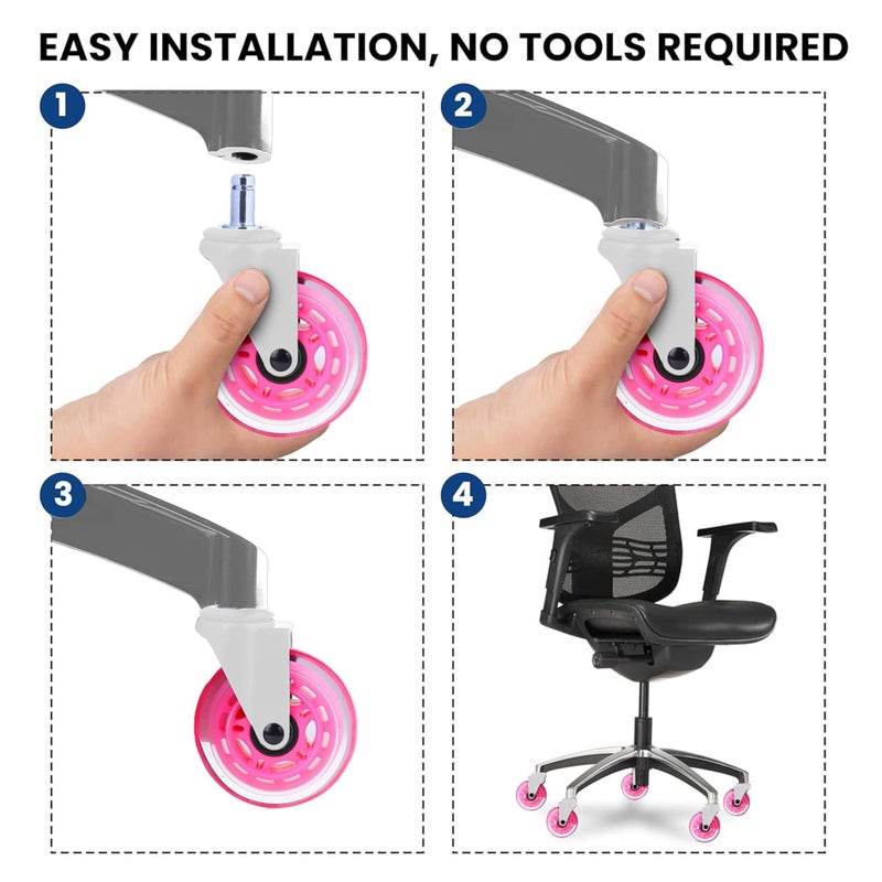 Duramont Office Chair Wheels - Set of 5 Rollerblade-Style Casters, Smooth & Quiet Rolling, Protects Hardwood Floors & Carpets, Universal Fit, Durable and Long-Lasting - Pink - Image 3