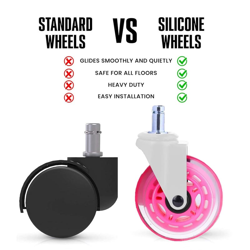 Duramont Office Chair Wheels - Set of 5 Rollerblade-Style Casters, Smooth & Quiet Rolling, Protects Hardwood Floors & Carpets, Universal Fit, Durable and Long-Lasting - Pink - Image 2