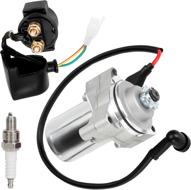 GREHUA 3 Bolt Starter Motor with Solenoid Relay and Spark Plug for 50cc to 125cc ATVs and Dirt Bikes - Image 1