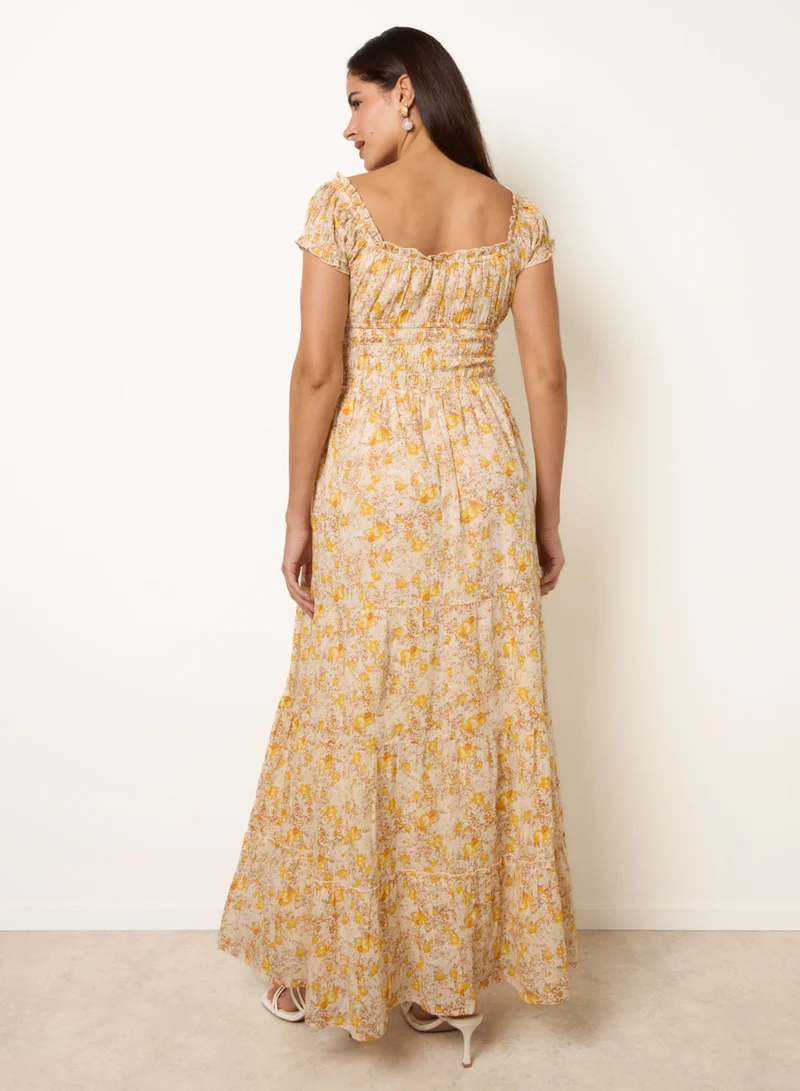 بلو فانيلا Double Front Tie Shirred Ditsy Floral Maxi Dress