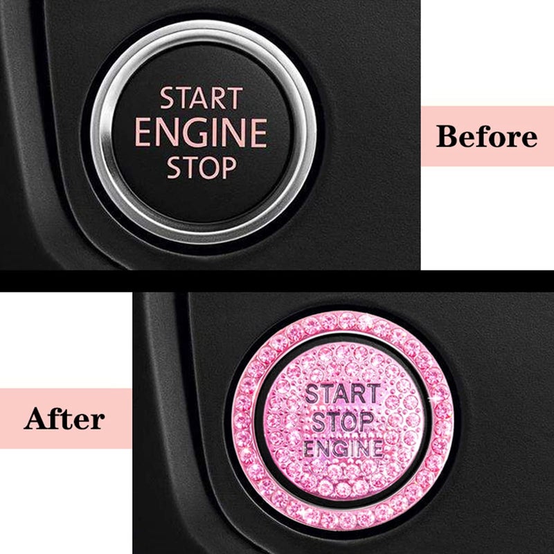 hallomomo Engine Start Stop Button Bling Ring,Key Ignition Starter & Knob Ring Crystal Rhinestone Cover, Push Start Button Diamond Decor (Ring+Cover, Pink) - Image 3