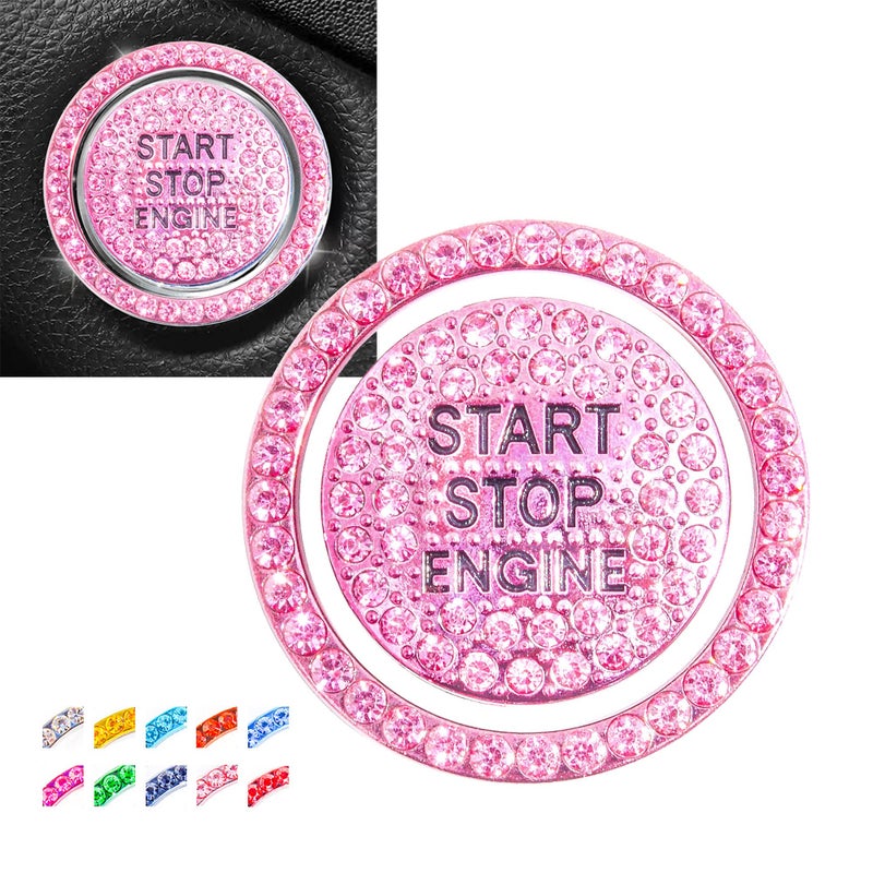 hallomomo Engine Start Stop Button Bling Ring,Key Ignition Starter & Knob Ring Crystal Rhinestone Cover, Push Start Button Diamond Decor (Ring+Cover, Pink) - Image 1