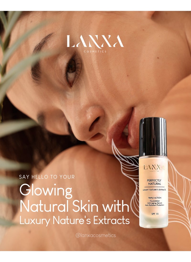 لانكسا كوزميتيكس فاونديشن طبيعي فاخر برفكتلي ناتشورال - 3 في 1، نباتي 100%، مضاد للشيخوخة، SPF 15، 30 مل - Image 4