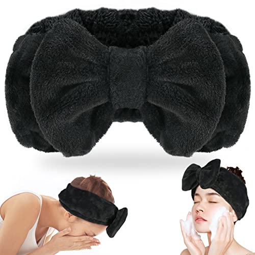 Shintop Spa Headband Soft Carol Fleece Makeup Headband with Cute Bow Elastic Hairband for Washing Face Skincare Facial Mask ShowersBlack
