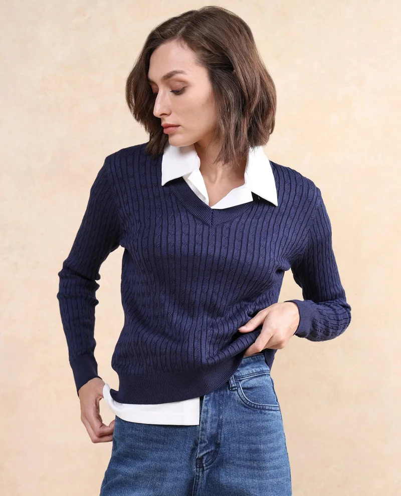 Rareism Women's Cable Knit V-Neck Top
