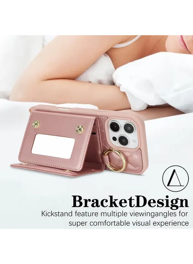 Dark Pink Plaid RFID Blocking Crossbody Phone Case Wallet With Card Holder And Makeup Mirror Compatible With iPhone 12 Pro - Image 4