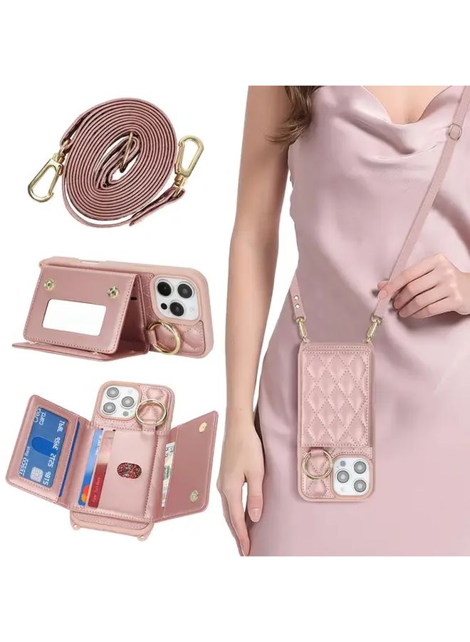 Dark Pink Plaid RFID Blocking Crossbody Phone Case Wallet With Card Holder And Makeup Mirror Compatible With iPhone 12 Pro - Image 1