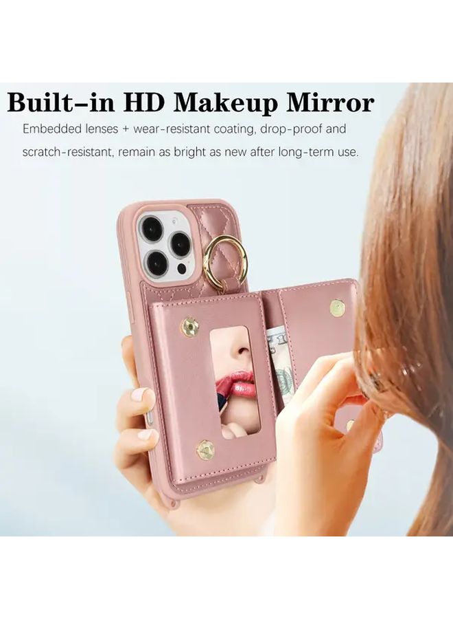 Dark Pink Plaid RFID Blocking Crossbody Phone Case Wallet With Card Holder And Makeup Mirror Compatible With iPhone 12 Pro - Image 3
