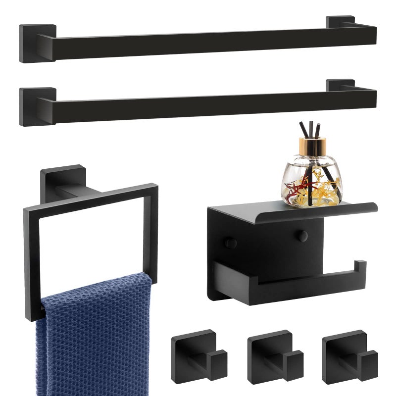 Dorudon atrox Matte Black Bathroom Hardware Set Towel Bar Set Black Bathroom Hardware Accessories Set with Towel Bars Stainless Steel Wall Mounted Bathroom Towel Rack Set Square