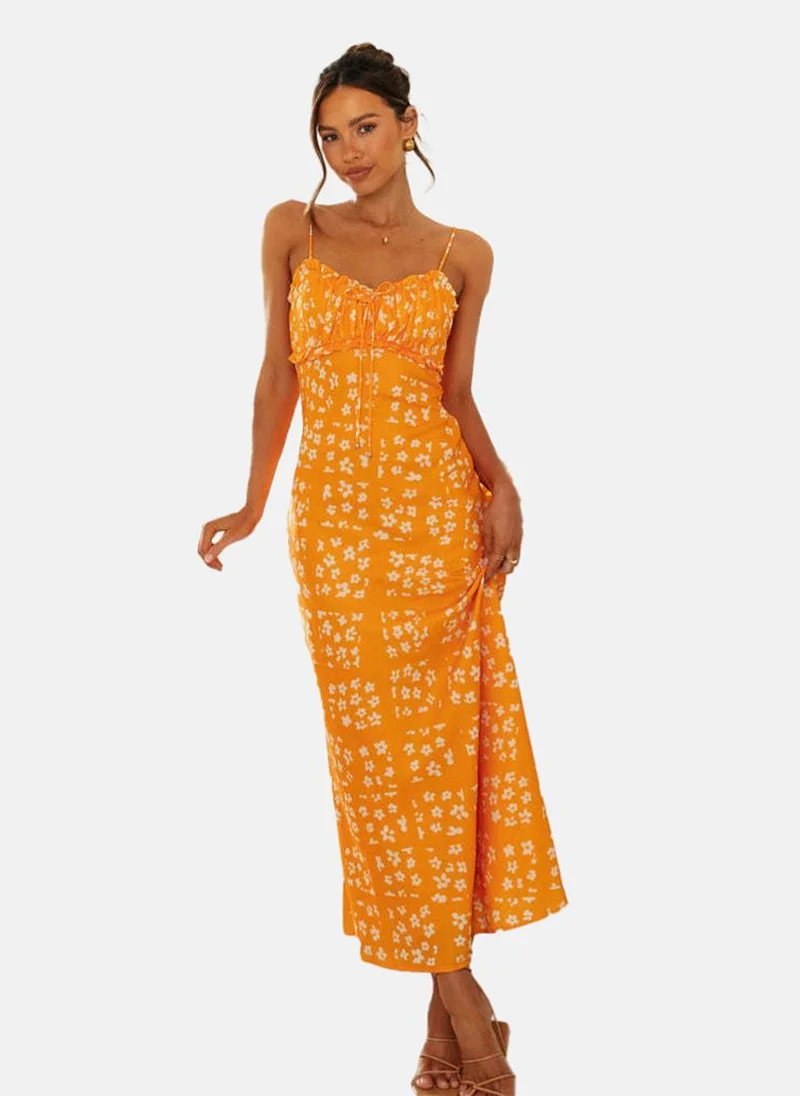 يونيكي Orange Sweetheart Neck Floral Print Shift Dress