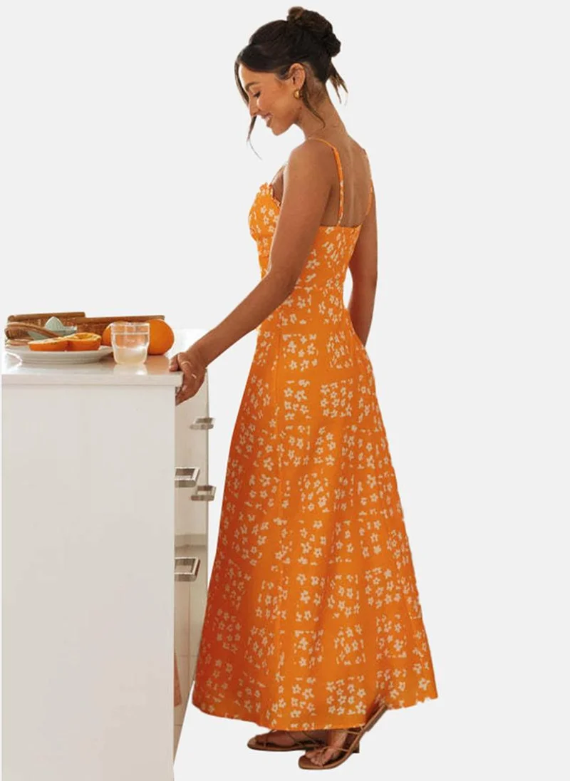 يونيكي Orange Sweetheart Neck Floral Print Shift Dress