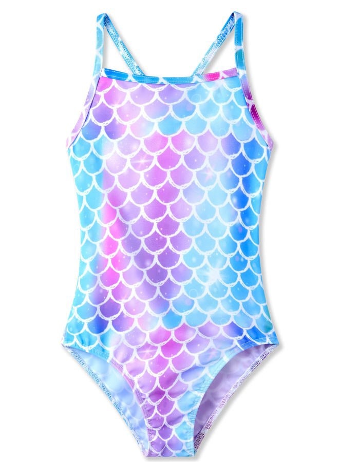 TENVDA Girls One Piece Swimsuits Sport Halter Swimwear Beach Bathing Suit, Mermaid Scale D, 6-7 Years - Image 1