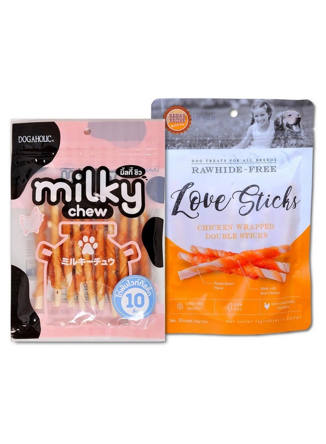 Rena Treats Combo: Love Snack Chicken Wrapped Double Sticks-1Pc And Dogaholic Milky Chews Milk & Chicken Flavour Sticks-1Pc - Protein Rich Tasty Snacks For All Dog Breeds - Image 1