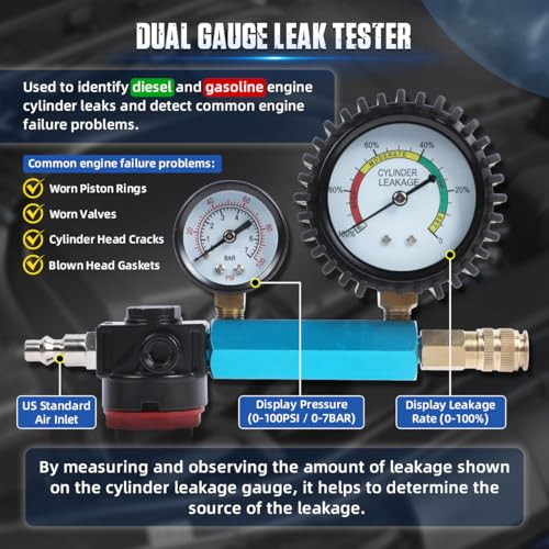 DUOYI 46PCS Compression and Leakage Test Kit Petrol & Diesel Engine Compression Tester Automotive Cylinder Leak Down Tester Kit with Dual Gauge Engine Compression Tester Kit for HDi, TDCi, Pumpe Duse Engine - Image 5