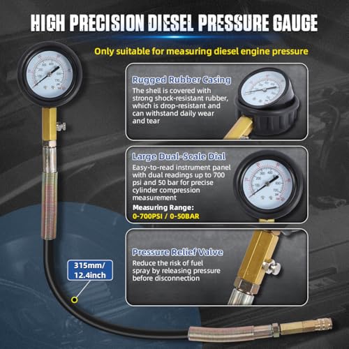 DUOYI 46PCS Compression and Leakage Test Kit Petrol & Diesel Engine Compression Tester Automotive Cylinder Leak Down Tester Kit with Dual Gauge Engine Compression Tester Kit for HDi, TDCi, Pumpe Duse Engine - Image 4