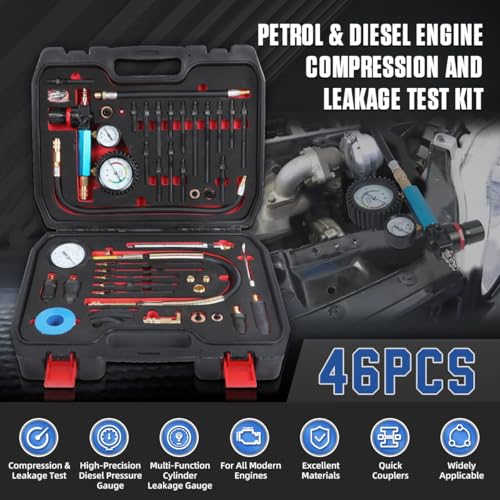DUOYI 46PCS Compression and Leakage Test Kit Petrol & Diesel Engine Compression Tester Automotive Cylinder Leak Down Tester Kit with Dual Gauge Engine Compression Tester Kit for HDi, TDCi, Pumpe Duse Engine - Image 2