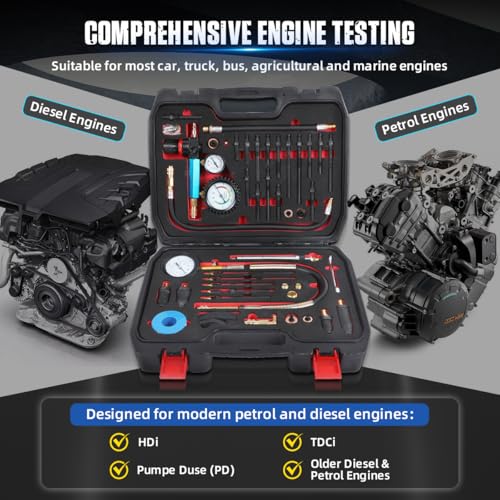 DUOYI 46PCS Compression and Leakage Test Kit Petrol & Diesel Engine Compression Tester Automotive Cylinder Leak Down Tester Kit with Dual Gauge Engine Compression Tester Kit for HDi, TDCi, Pumpe Duse Engine - Image 3