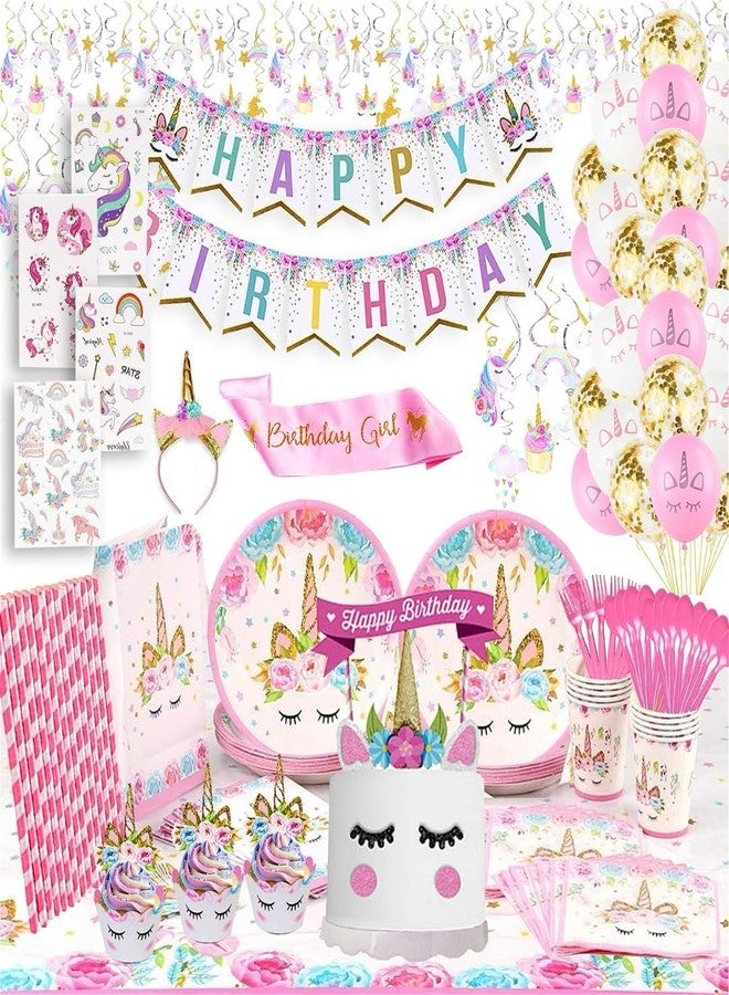 RFAQK Unicorn Birthday Decorations - Unicorn Party Decorations for Girls Serves 16 Includes Happy Birthday Banner,Napkins,Cake Topper,Headband,Sash & Large Tablecloth for Creating Themed Party - Image 1