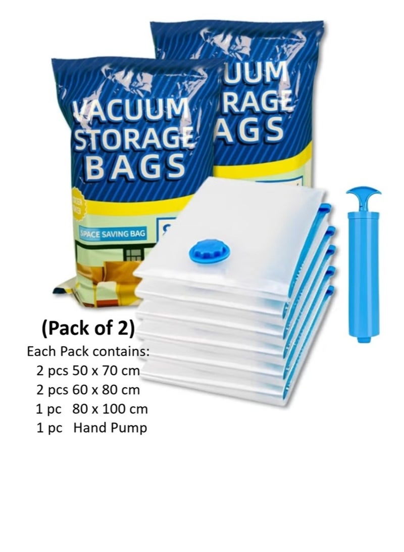 Vacuum Storage Bags, Save 80% Space, Twin pack Pack of 5 + 5 bags and 1 + 1 Hand pump - Image 1