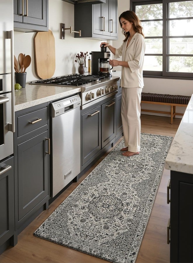 DEXI Kitchen Mat Floor Cushioned, 60 x 150 cm Anti Fatigue Runner Kitchen Rug Non Slip Waterproof, Large Long Comfort Standing Padded Floor Mats, Floral Grey - Image 3