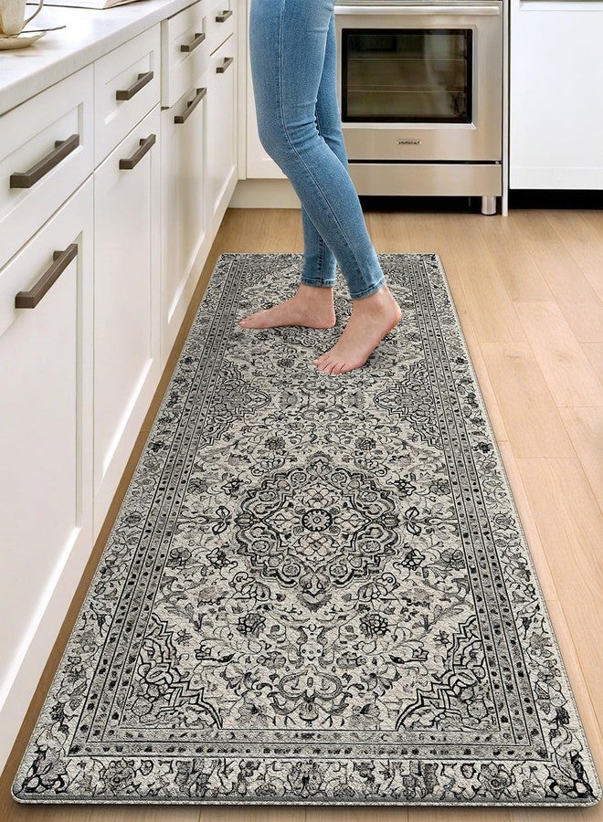 DEXI Kitchen Mat Floor Cushioned, 60 x 150 cm Anti Fatigue Runner Kitchen Rug Non Slip Waterproof, Large Long Comfort Standing Padded Floor Mats, Floral Grey - Image 1