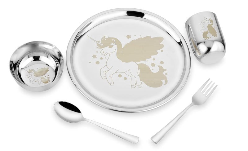 KITCHEN CLUE 304 Stainless Steel Dinner Set for Kids – Set of 5 Pcs, Mirror Finish, 24cm Dia Dinner Plate | BIS Approved, Child Thali Set with Spoon, Fork, Glass & Bowl | Unicorn Laser Design - Image 1