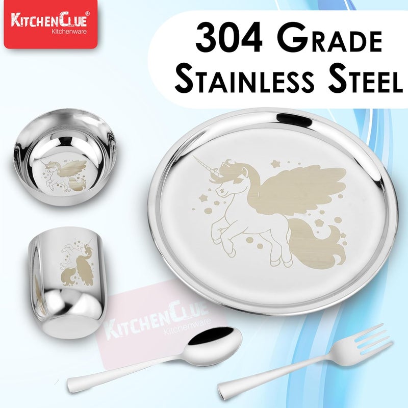 KITCHEN CLUE 304 Stainless Steel Dinner Set for Kids – Set of 5 Pcs, Mirror Finish, 24cm Dia Dinner Plate | BIS Approved, Child Thali Set with Spoon, Fork, Glass & Bowl | Unicorn Laser Design - Image 3