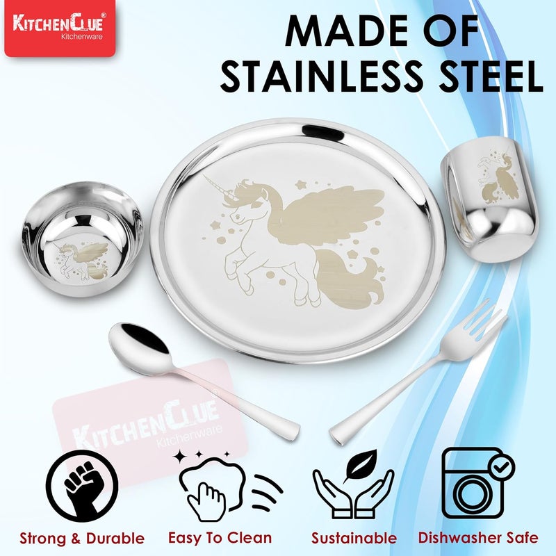 KITCHEN CLUE 304 Stainless Steel Dinner Set for Kids – Set of 5 Pcs, Mirror Finish, 24cm Dia Dinner Plate | BIS Approved, Child Thali Set with Spoon, Fork, Glass & Bowl | Unicorn Laser Design - Image 2