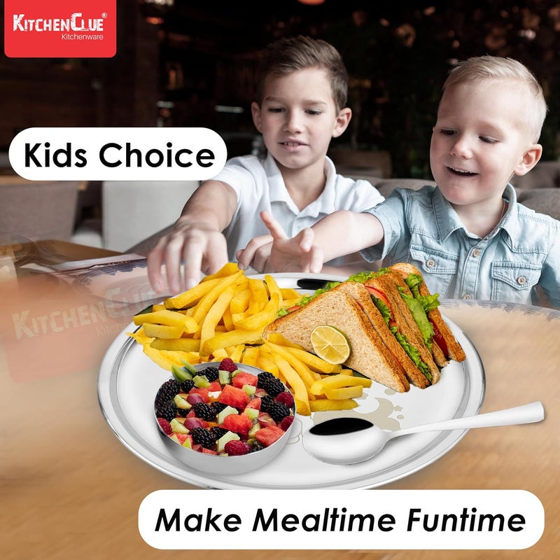 KITCHEN CLUE 304 Stainless Steel Dinner Set for Kids – Set of 5 Pcs, Mirror Finish, 24cm Dia Dinner Plate | BIS Approved, Child Thali Set with Spoon, Fork, Glass & Bowl | Unicorn Laser Design - Image 5