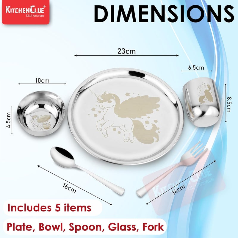 KITCHEN CLUE 304 Stainless Steel Dinner Set for Kids – Set of 5 Pcs, Mirror Finish, 24cm Dia Dinner Plate | BIS Approved, Child Thali Set with Spoon, Fork, Glass & Bowl | Unicorn Laser Design - Image 4