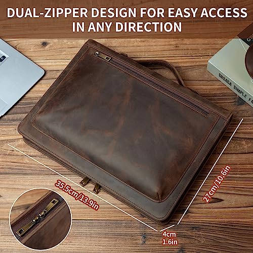YIWEN Handmade Leather Portfolio with Handle Zippered Front Pocket Writing Pad Clip Letter Size Notepad Holder Professional Business Padfolio for Men Women Dark Khaki Crazy Horse Leather - Image 3