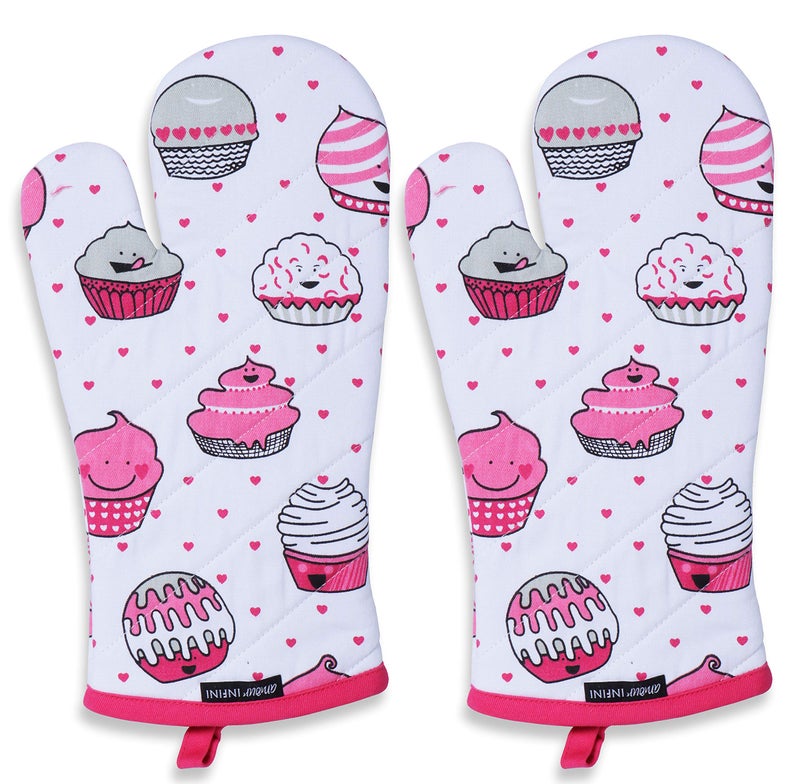 AMOUR INFINI Oven Mitts Set of 1 Quilted Liner with Hanging Loop Non Slip, Heat Resistant, Washable Reusable Oven Mitt (Valentine Cup Cake 7x13 Inches) - Image 1