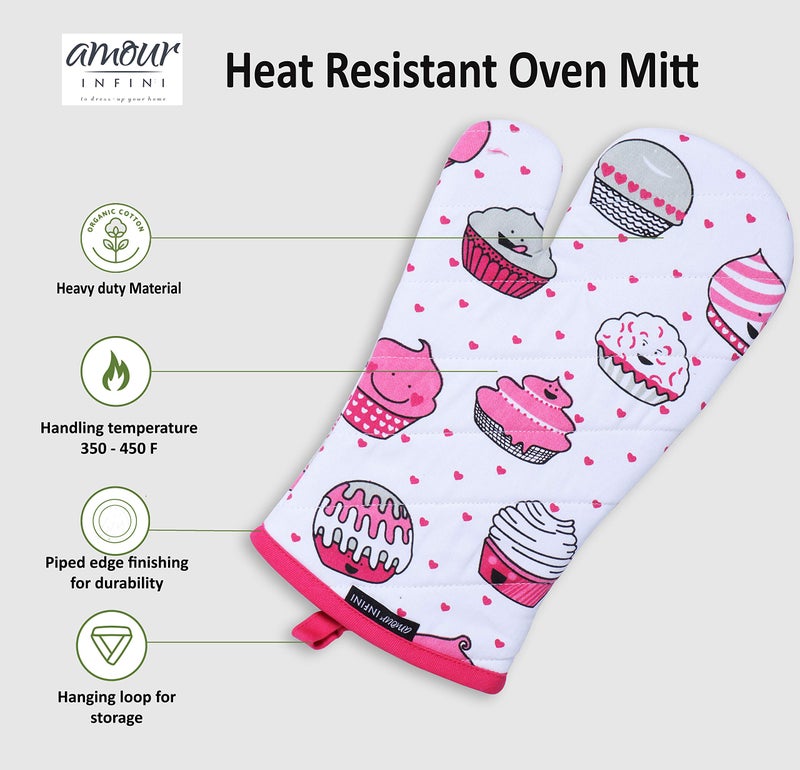AMOUR INFINI Oven Mitts Set of 1 Quilted Liner with Hanging Loop Non Slip, Heat Resistant, Washable Reusable Oven Mitt (Valentine Cup Cake 7x13 Inches) - Image 2