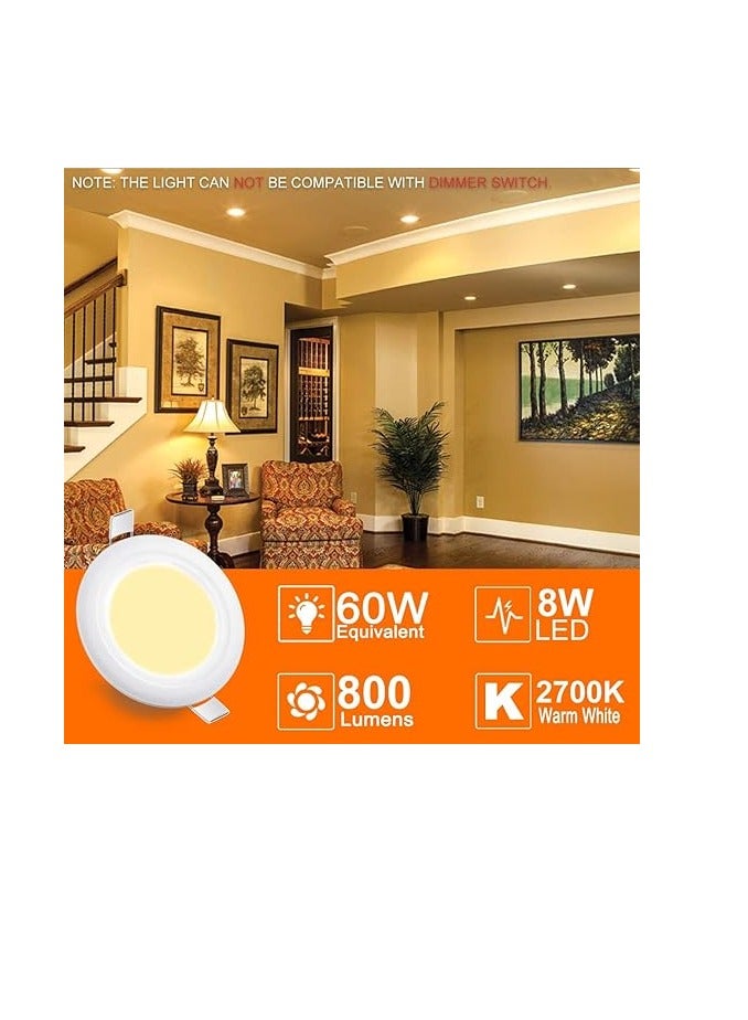 مصابيح سقف LED مدمجة، مصابيح دائرية، مصابيح داونلايت مقاس 3 بوصات، 8 وات 60 وات، 800 لومن، IP44 2700K أبيض دافئ (عبوة من 5 قطع) - Image 2