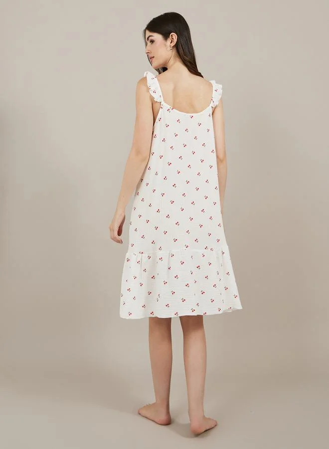 Styli Cherry Print Ruffled Trim Cotton Slip Dress