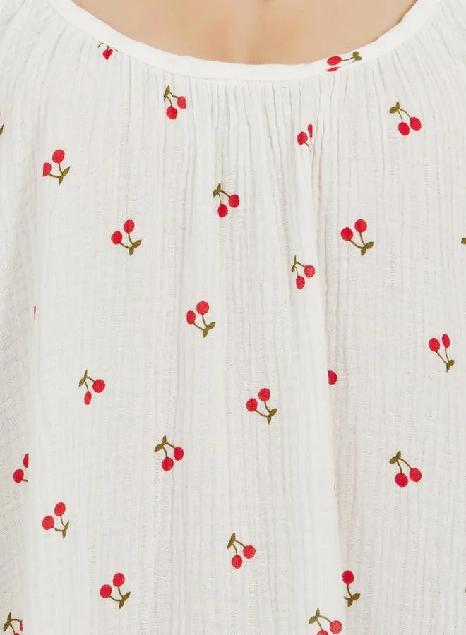 Styli Cherry Print Ruffled Trim Cotton Slip Dress