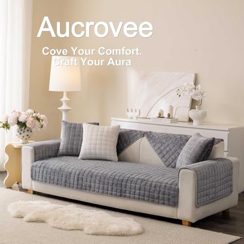 Aucrovee Velvet Washable Couch Cover for Pets Dogs, Non Slip Sectional Sofa Covers for 3 Cushion Couch Sofa L Sharped Sofa Arm Slipcover, Furniture Protector Covers(1 PCS 36"x36" Dark Grey) - Image 3