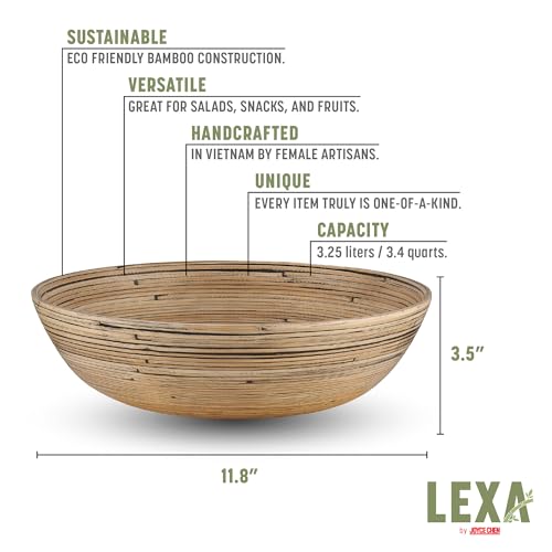 LEXA 12" Handmade Bamboo Salad Bowl – 130 oz Large Wooden Fruit Bowl for Kitchen Counter, Black Bamboo - Image 3