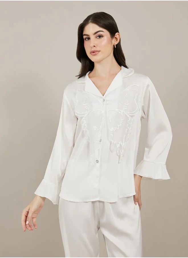 ستايلي Styli Satin Butterfly Print Long Sleeve Pajama Set