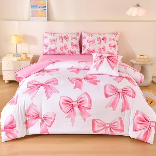 Tasselily 6 Pcs Bed in A Bag Full Comforter Set for Girls,Pink Bow Bedding,Bow Comforter Sets with Sheets for Kids - Image 1