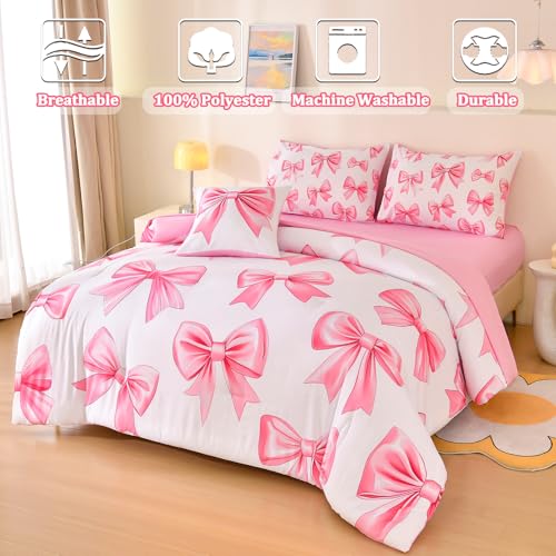 Tasselily 6 Pcs Bed in A Bag Full Comforter Set for Girls,Pink Bow Bedding,Bow Comforter Sets with Sheets for Kids - Image 3