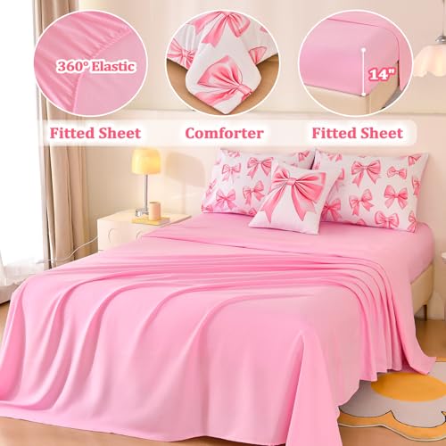 Tasselily 6 Pcs Bed in A Bag Full Comforter Set for Girls,Pink Bow Bedding,Bow Comforter Sets with Sheets for Kids - Image 4