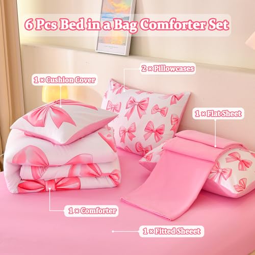 Tasselily 6 Pcs Bed in A Bag Full Comforter Set for Girls,Pink Bow Bedding,Bow Comforter Sets with Sheets for Kids - Image 2