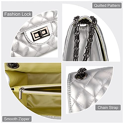 Gladdon Quilted Crossbody Purse for Women Trendy Ladies Shoulder Bag with Chain Designer Purses Silver - Image 5