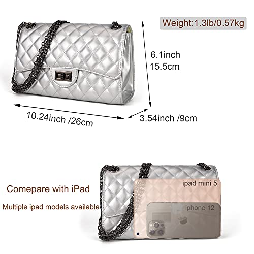 Gladdon Quilted Crossbody Purse for Women Trendy Ladies Shoulder Bag with Chain Designer Purses Silver - Image 3