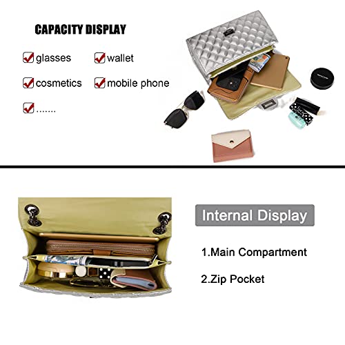 Gladdon Quilted Crossbody Purse for Women Trendy Ladies Shoulder Bag with Chain Designer Purses Silver - Image 4