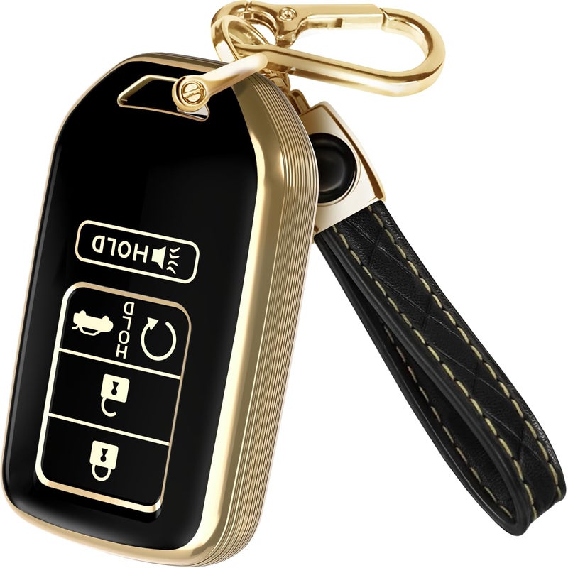 Lucrum Compatible with Honda Key Fob Cover & Leather Keychain - TPU Keyfob Case for Accord Civic CR-V HR-V Pilot Ridgeline Crosstour Fit, For 5 Button Remote (2015-2021) - Black and Gold - Image 1