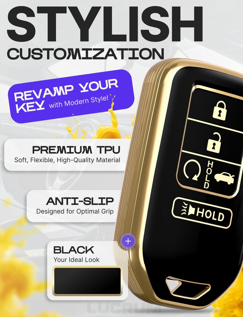 Lucrum Compatible with Honda Key Fob Cover & Leather Keychain - TPU Keyfob Case for Accord Civic CR-V HR-V Pilot Ridgeline Crosstour Fit, For 5 Button Remote (2015-2021) - Black and Gold - Image 3