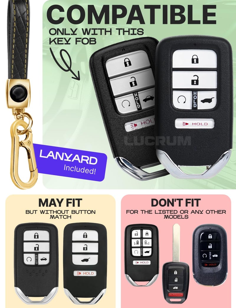 Lucrum Compatible with Honda Key Fob Cover & Leather Keychain - TPU Keyfob Case for Accord Civic CR-V HR-V Pilot Ridgeline Crosstour Fit, For 5 Button Remote (2015-2021) - Black and Gold - Image 2