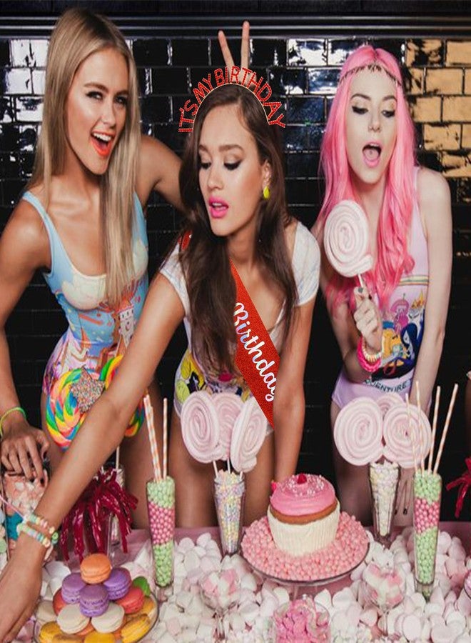 BAHABY It's My Birthday Princess Sash Set - Red Headband, Tiara & Accessories for Women Girls Happy Party - Image 3